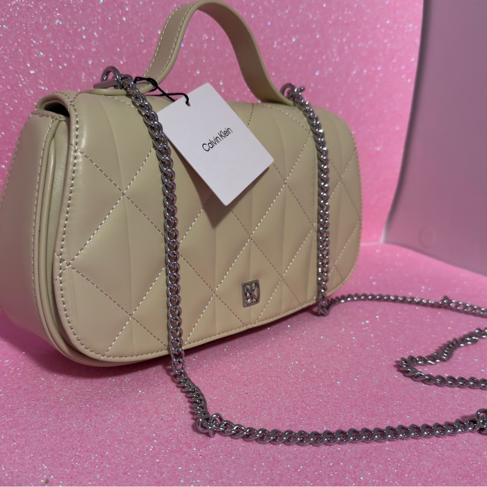 NWT Calvin Klein Emblem Quilted Top Handle Bag - Beige/Cream